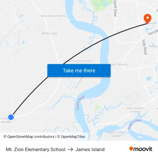 Mt. Zion Elementary School to James Island map