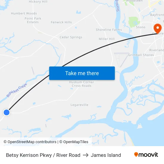 Betsy Kerrison Pkwy / River Road to James Island map