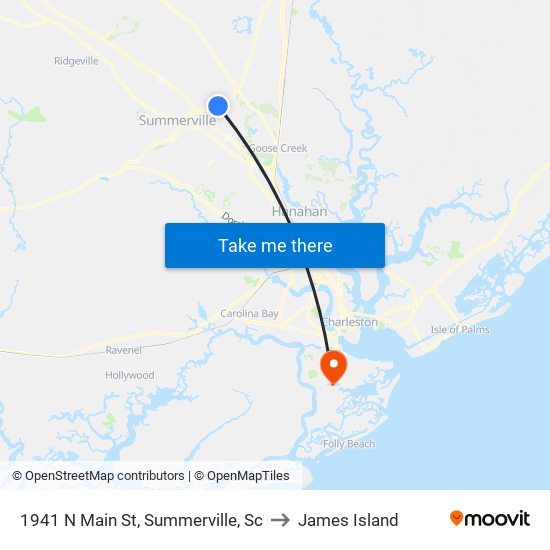 1941 N Main St, Summerville, Sc to James Island map