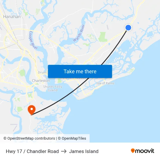 Hwy 17 / Chandler Road to James Island map