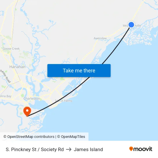 S. Pinckney St / Society Rd to James Island map