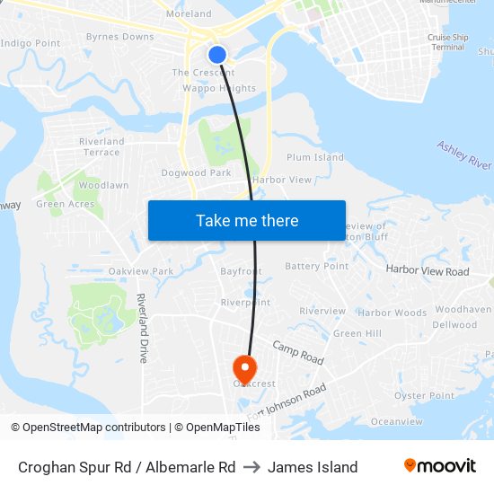 Croghan Spur Rd / Albemarle Rd to James Island map