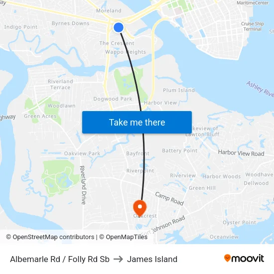 Albemarle Rd / Folly Rd Sb to James Island map