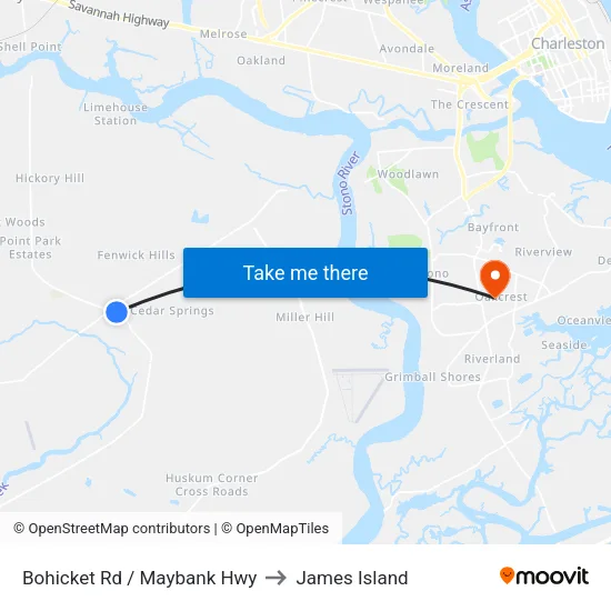 Bohicket Rd / Maybank Hwy to James Island map