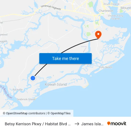 Betsy Kerrison Pkwy / Habitat Blvd Nb to James Island map