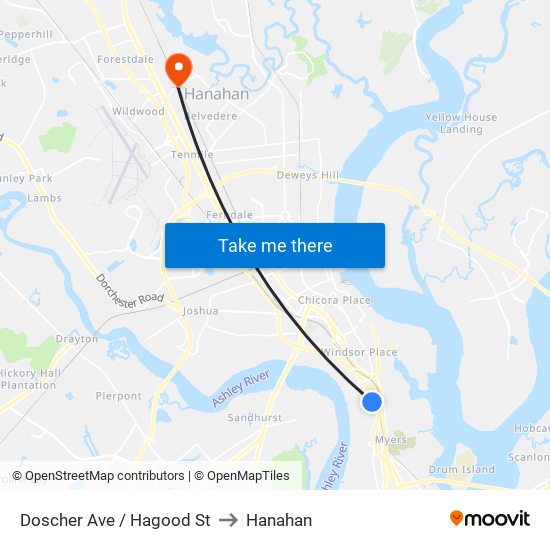 Doscher Ave / Hagood St to Hanahan map