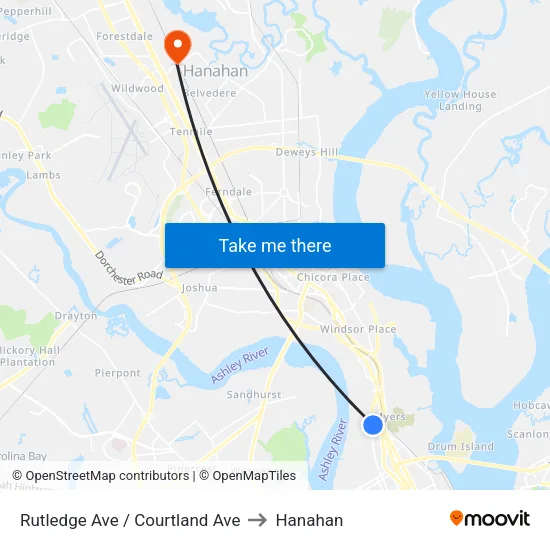 Rutledge Ave / Courtland Ave to Hanahan map