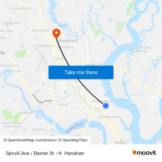 Spruill Ave / Baxter St to Hanahan map