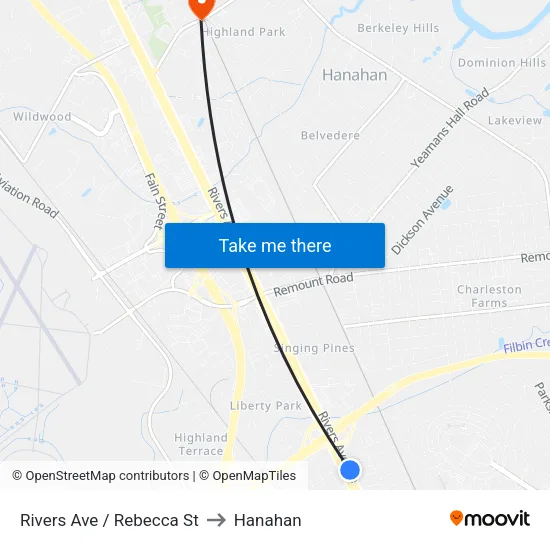 Rivers Ave / Rebecca St to Hanahan map