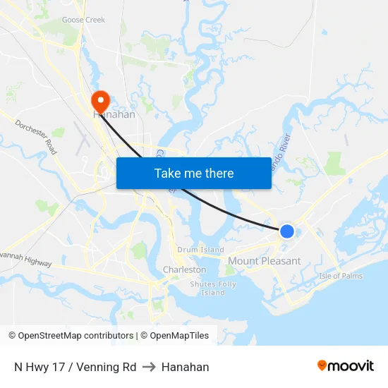 N Hwy 17 / Venning Rd to Hanahan map
