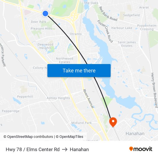 Hwy 78 / Elms Center Rd to Hanahan map