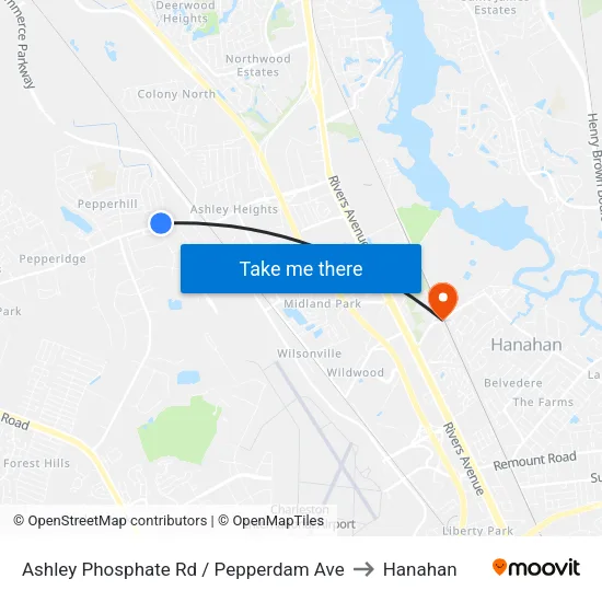 Ashley Phosphate Rd / Pepperdam Ave to Hanahan map