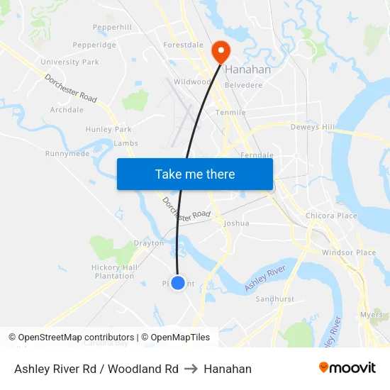 Ashley River Rd / Woodland Rd to Hanahan map