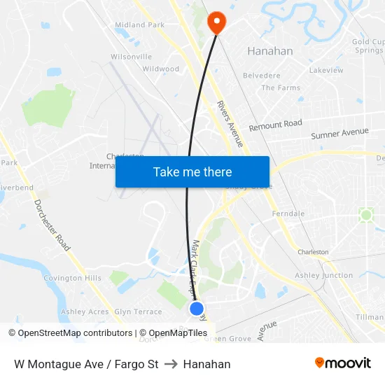 W Montague Ave / Fargo St to Hanahan map