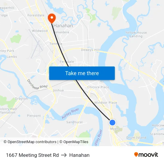 1667 Meeting Street Rd to Hanahan map