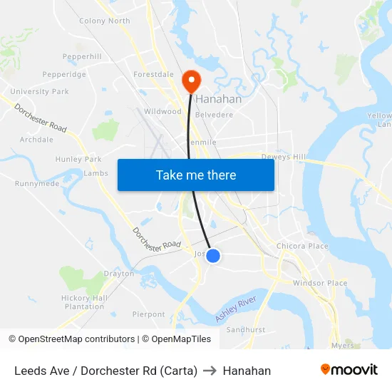 Leeds Ave / Dorchester Rd (Carta) to Hanahan map