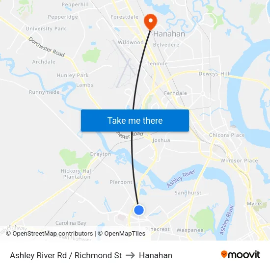Ashley River Rd / Richmond St to Hanahan map