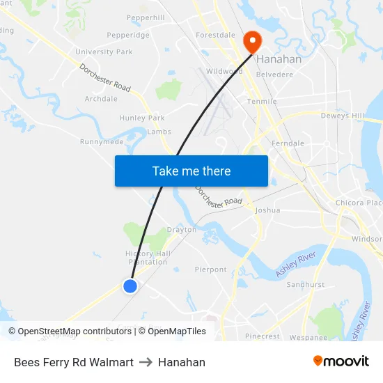 Bees Ferry Rd Walmart to Hanahan map