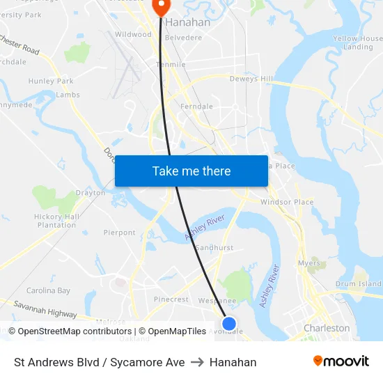 St Andrews Blvd / Sycamore Ave to Hanahan map