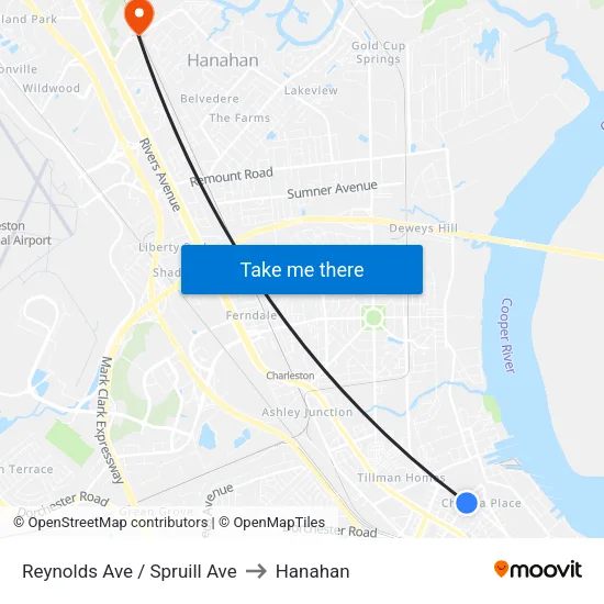 Reynolds Ave / Spruill Ave to Hanahan map
