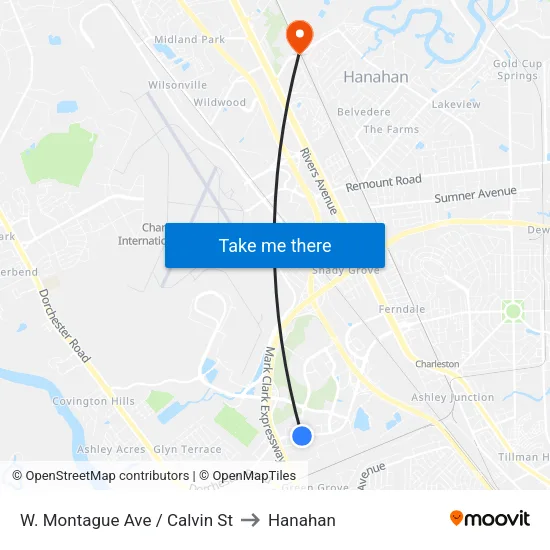 W. Montague Ave / Calvin St to Hanahan map