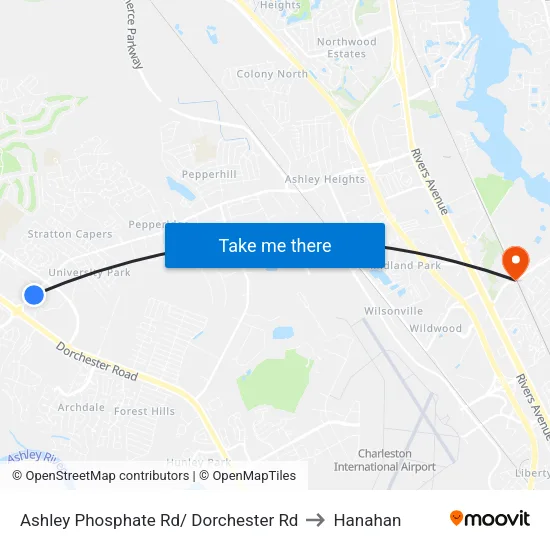 Ashley Phosphate Rd/ Dorchester Rd to Hanahan map