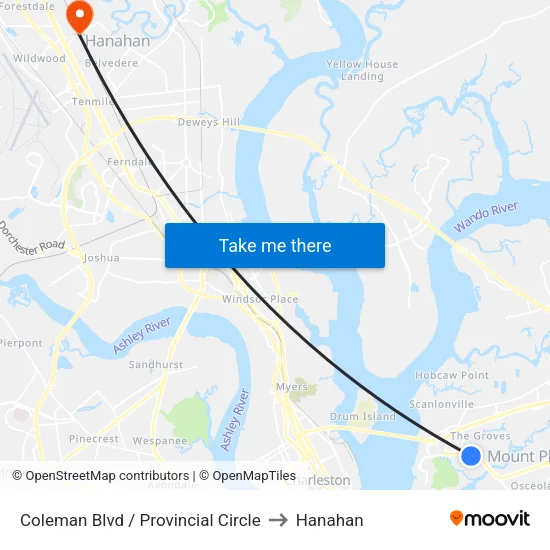 Coleman Blvd / Provincial Circle to Hanahan map