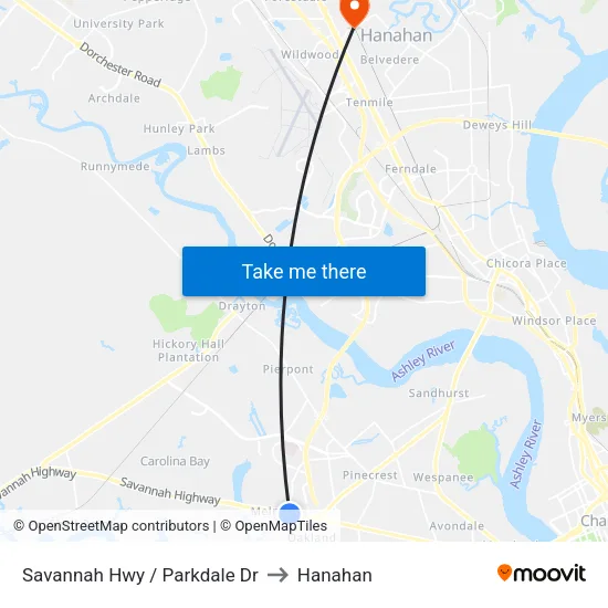 Savannah Hwy / Parkdale Dr to Hanahan map