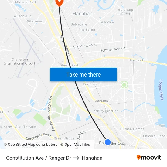 Constitution Ave / Ranger Dr to Hanahan map