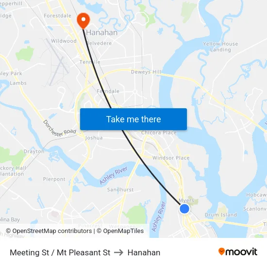 Meeting St / Mt Pleasant St to Hanahan map