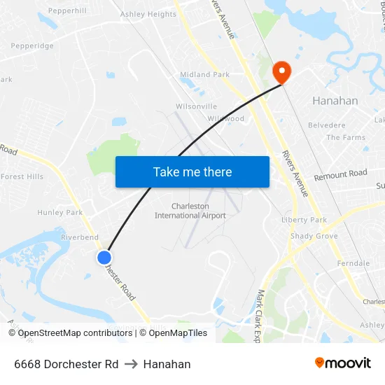6668 Dorchester Rd to Hanahan map