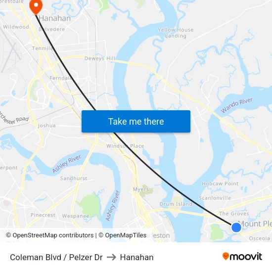 Coleman Blvd / Pelzer Dr to Hanahan map