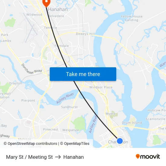 Mary St / Meeting St to Hanahan map