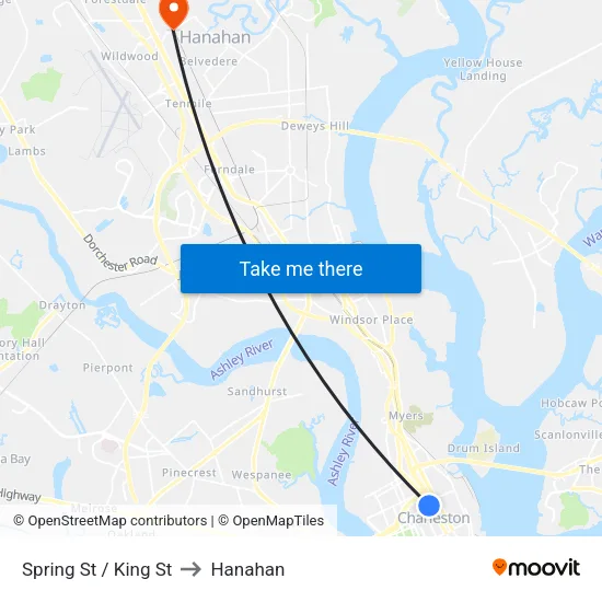 Spring St / King St to Hanahan map