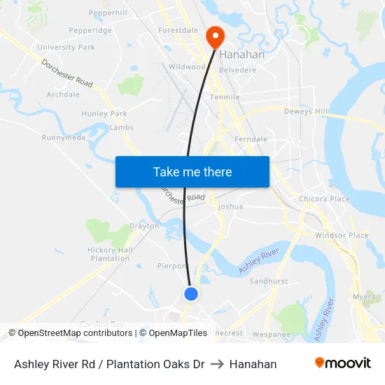 Ashley River Rd / Plantation Oaks Dr to Hanahan map