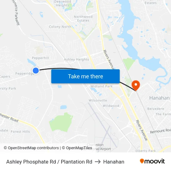 Ashley Phosphate Rd / Plantation Rd to Hanahan map