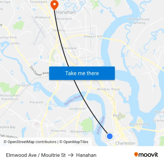 Elmwood Ave / Moultrie St to Hanahan map