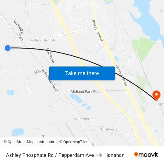 Ashley Phosphate Rd / Pepperdam Ave to Hanahan map