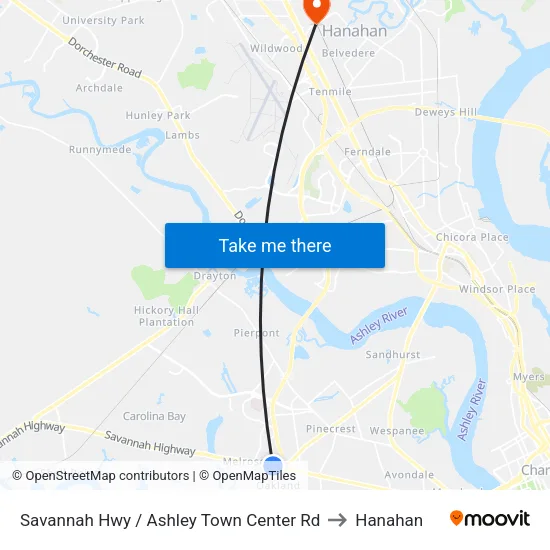 Savannah Hwy / Ashley Town Center Rd to Hanahan map