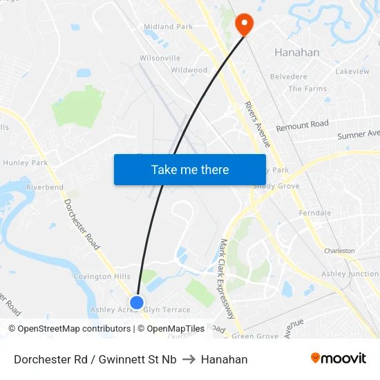 Dorchester Rd / Gwinnett St Nb to Hanahan map