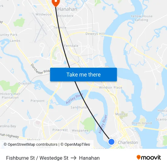 Fishburne St / Westedge St to Hanahan map