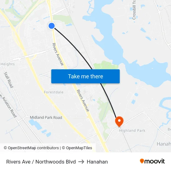 Rivers Ave / Northwoods Blvd to Hanahan map