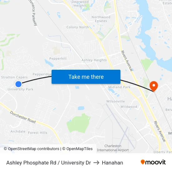 Ashley Phosphate Rd / University Dr to Hanahan map