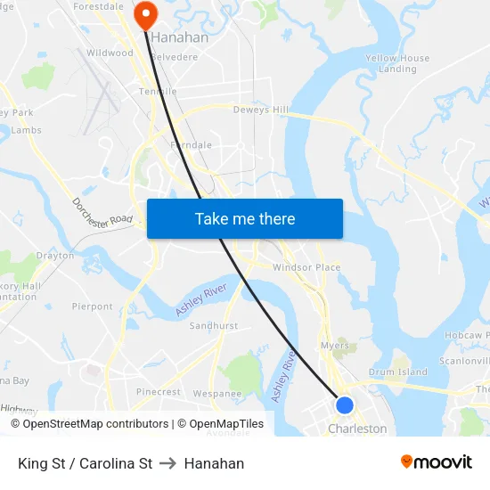 King St / Carolina St to Hanahan map