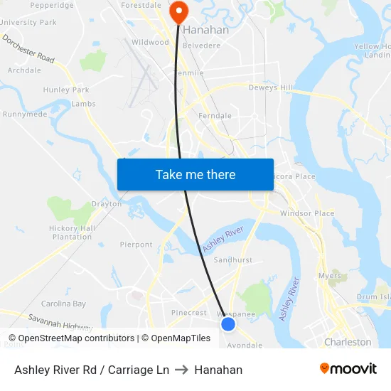 Ashley River Rd / Carriage Ln to Hanahan map