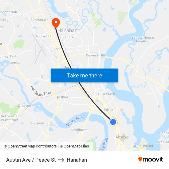 Austin Ave / Peace St to Hanahan map