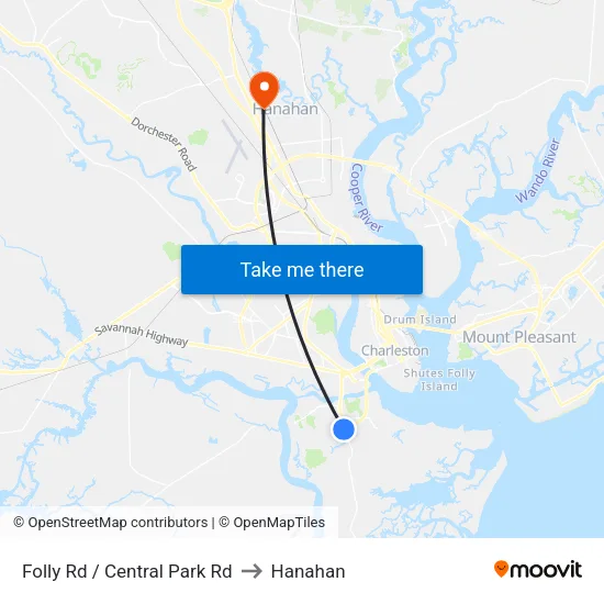Folly Rd / Central Park Rd to Hanahan map