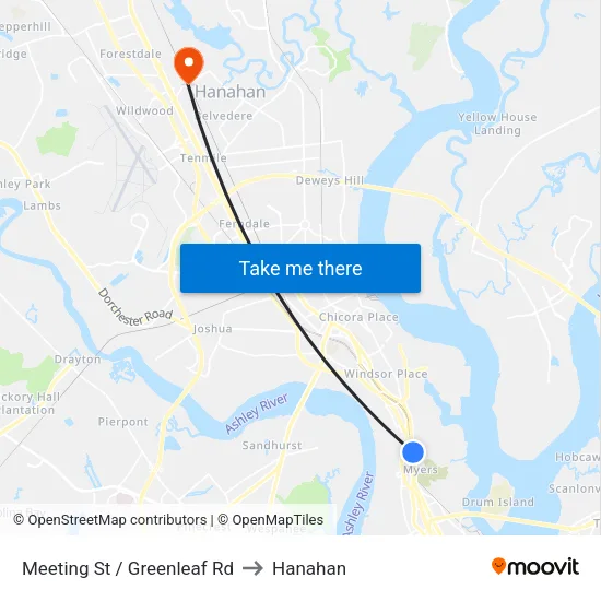 Meeting St / Greenleaf Rd to Hanahan map
