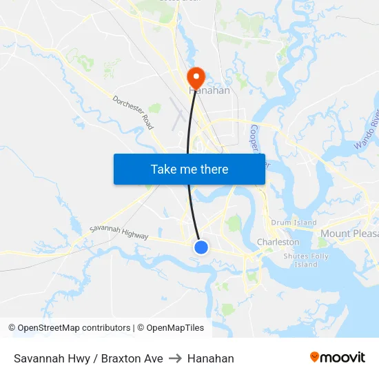 Savannah Hwy / Braxton Ave to Hanahan map