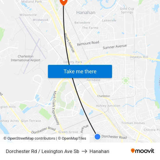 Dorchester Rd / Lexington Ave Sb to Hanahan map